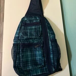 Thirty One sling bag crossbody green navy plaid